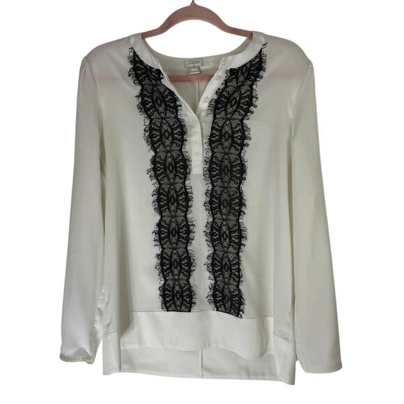 J. Crew Tops - J Crew Ivory w/ Black Lace Long Sleeve Pullover Lightweight Blouse Top Size S